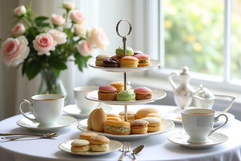 Elegant afternoon tea service with tiered stands