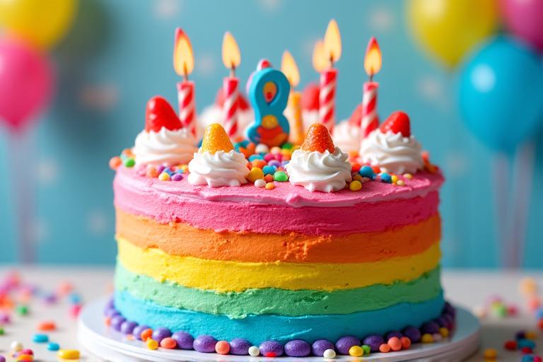 Colorful birthday cake with creative decorations
